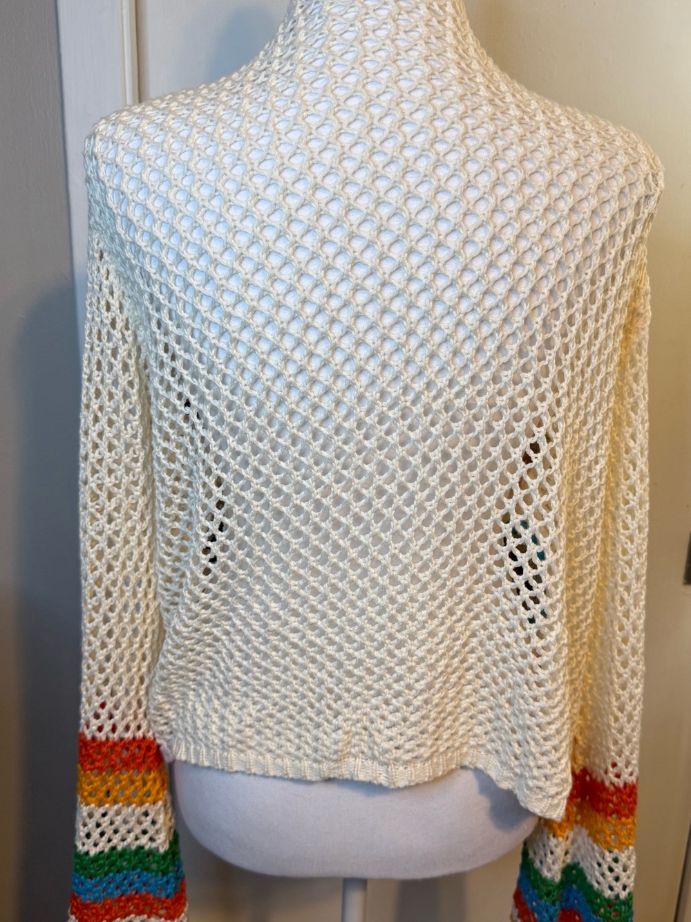 Boho Granny Square Open Knit Cardigan Cream Multicolor Rainbow Sleeves Sz M - Picture 3 of 5